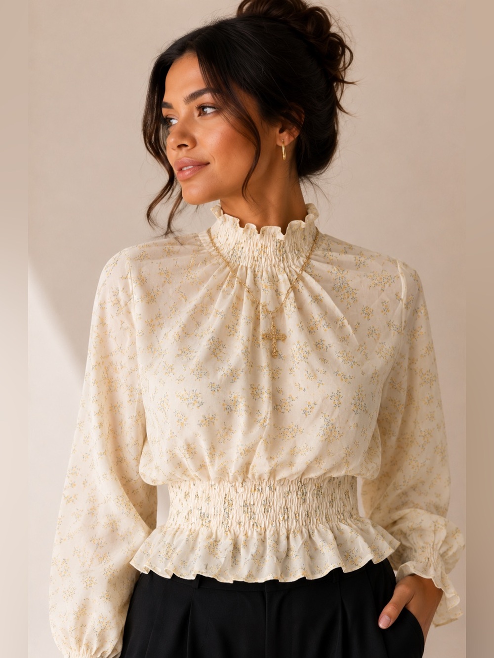 Love Tree Cream Blouse with Gold Floral Print